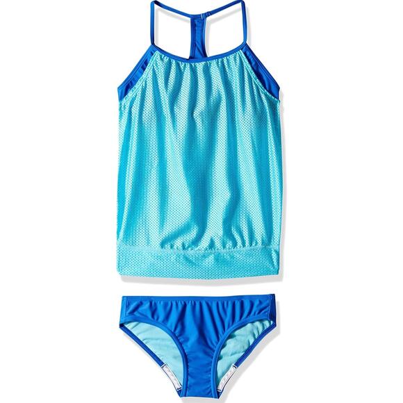 Speedo Swimsuit Two Piece Tankini Set Girls 12 Blue Mesh Swimwear UVP NWT - Picture 2 of 12
